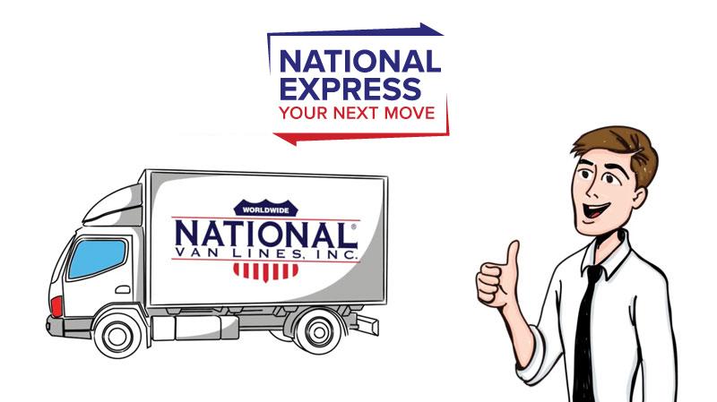 Illustration of a National Van Lines moving truck, and a smiling man giving a thumbs up. Above them is a 'National Express - Your Next Move' logo. 